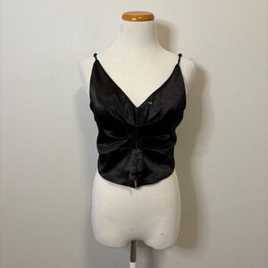 Free People NWOT Black Cami Top Satin V-Neck Sleeveless Black‎ Crop Top Medium
